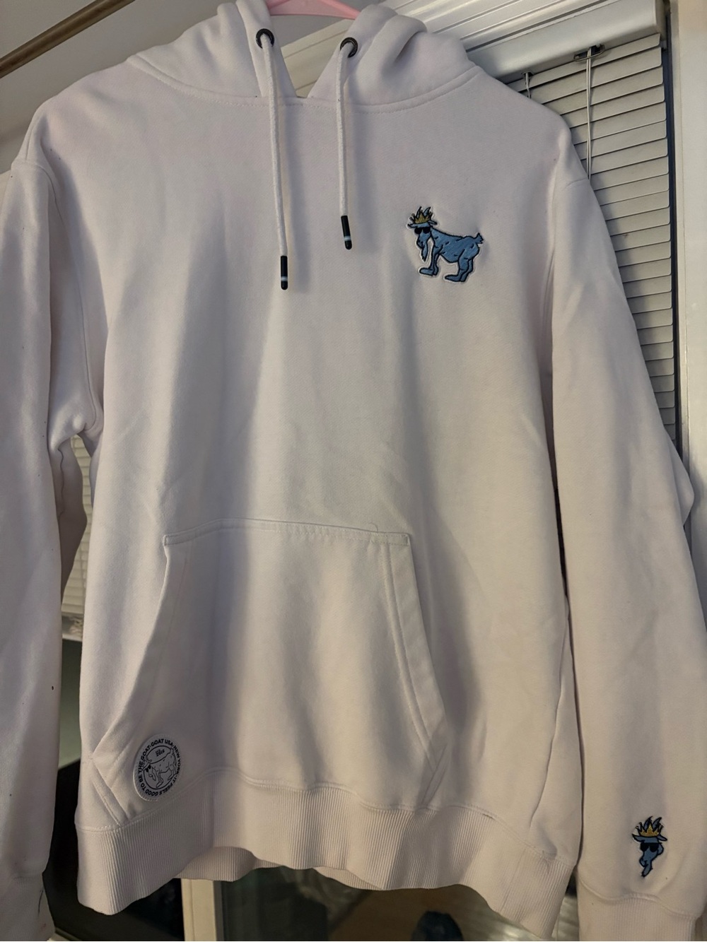 Men's White Pullover GOAT Hoodie with Blue Mascot Embroidery